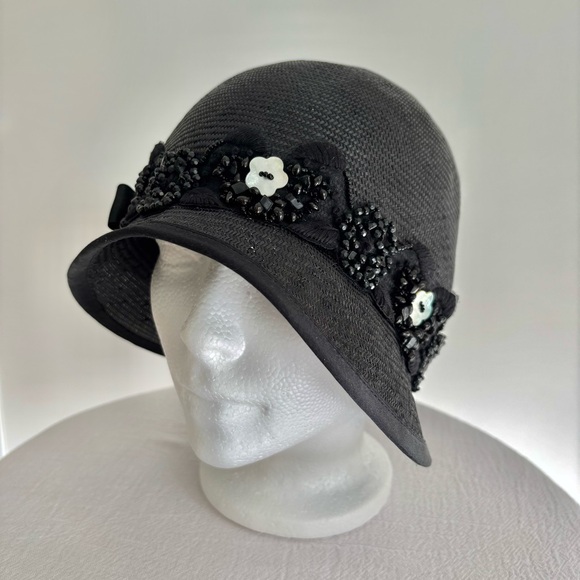 Louise Green Millinery Black Straw Cloche NWOT Beaded Band Patented Sweat Band main image 5